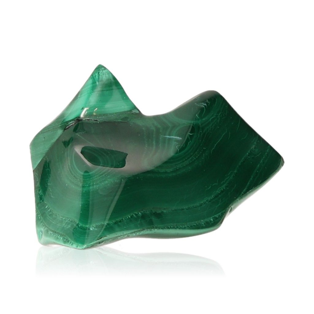 Polished malachite stone with deep green hues and swirling patterns, symbolizing courage, hope, and inner harmony.