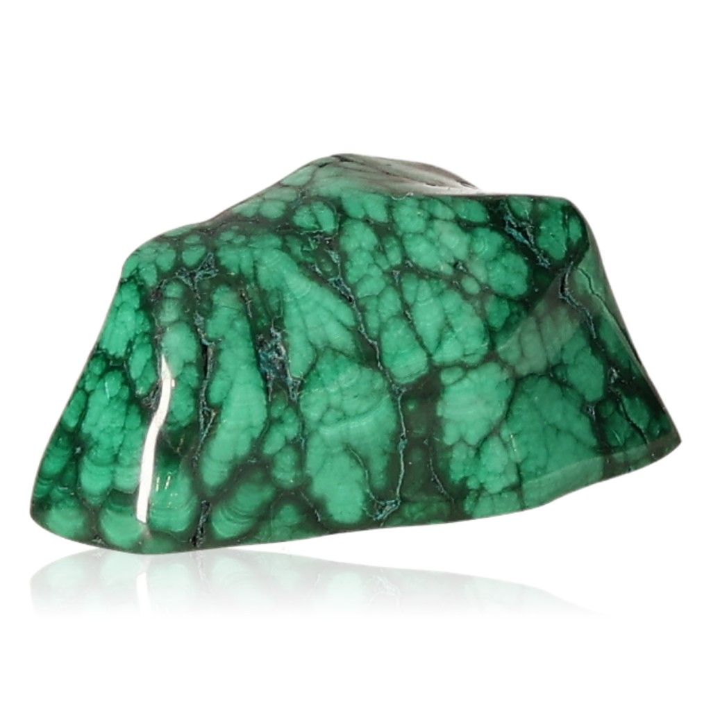 Polished malachite stone with vibrant green patterns, known for its soothing energy and ability to inspire courage and optimism.