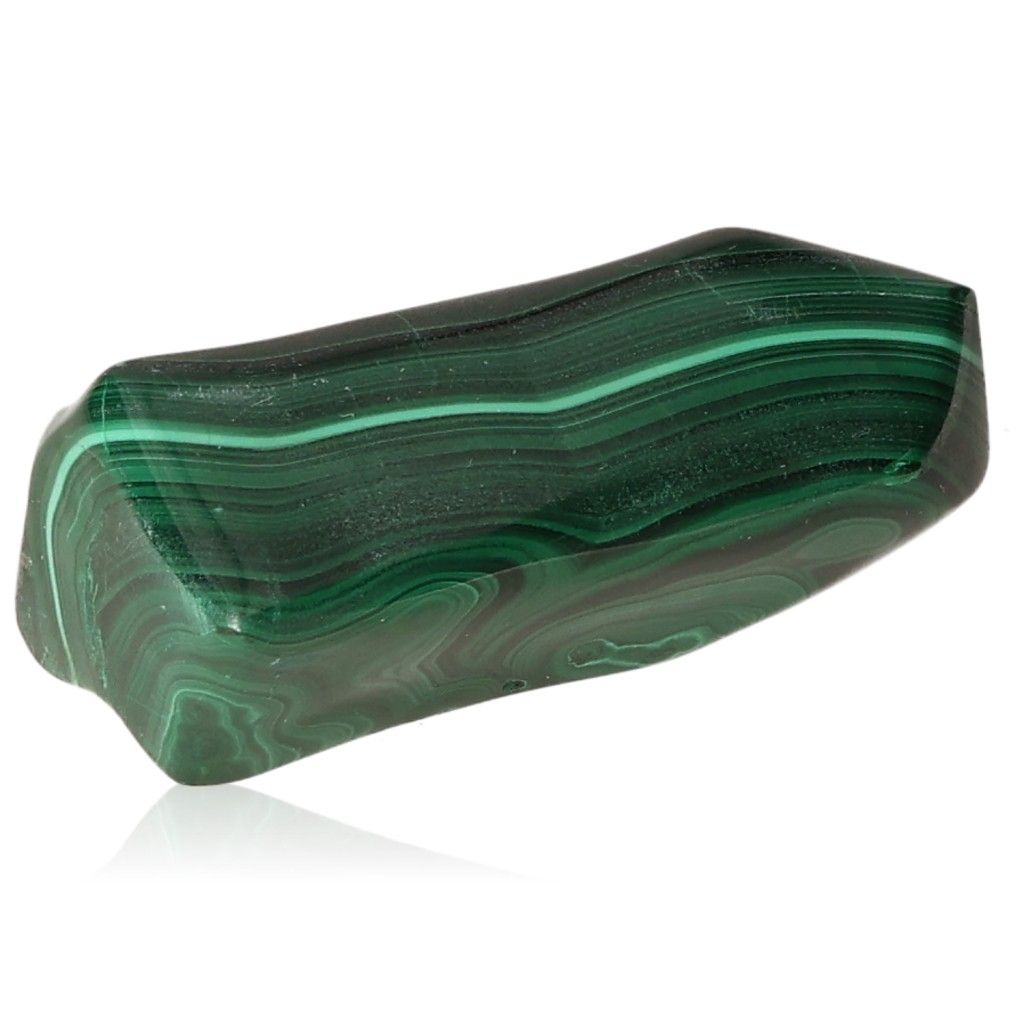 Polished green malachite stone, known for soothing energy and promoting courage and hope, with natural banded patterns.