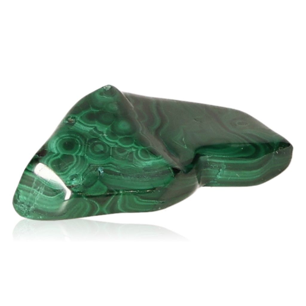 Polished malachite stone with vibrant green swirls, symbolizing courage and hope, ideal for promoting inner harmony and optimism.