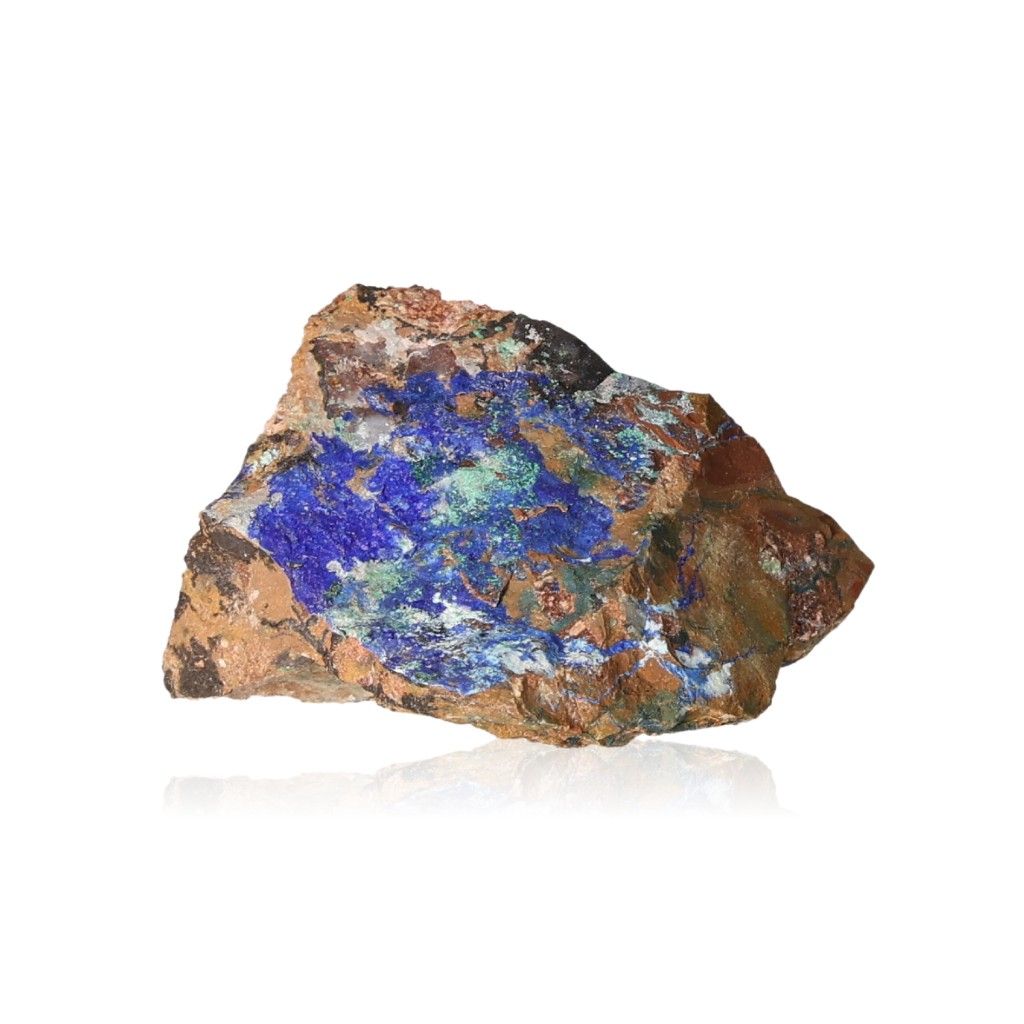 Azurite with Malachite stone displaying deep blue hues and unique patterns on a white background.