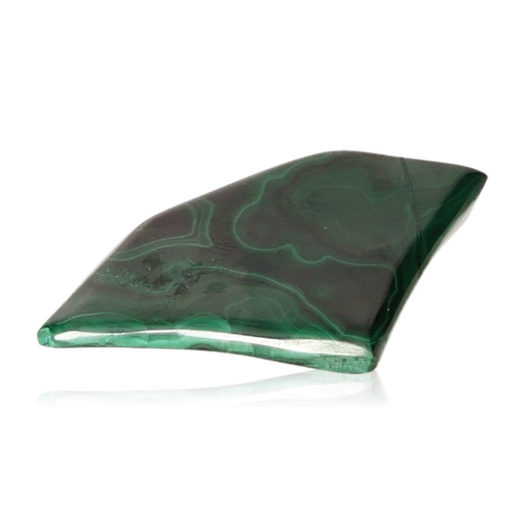 Polished green malachite stone showcasing its natural patterns and vibrant color.