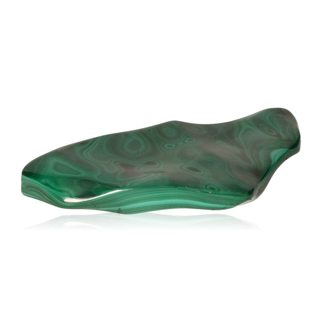 Polished malachite stone displaying vibrant green patterns, symbolizing nature's soothing energy and promoting courage and optimism.