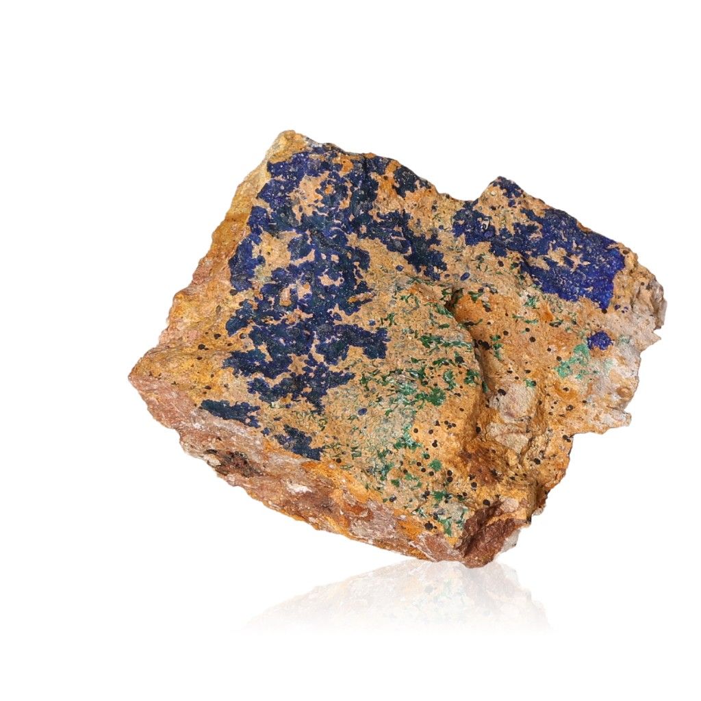 Azurite with malachite stone showcasing deep blue and green hues, known for enhancing mental clarity and aiding personal growth.