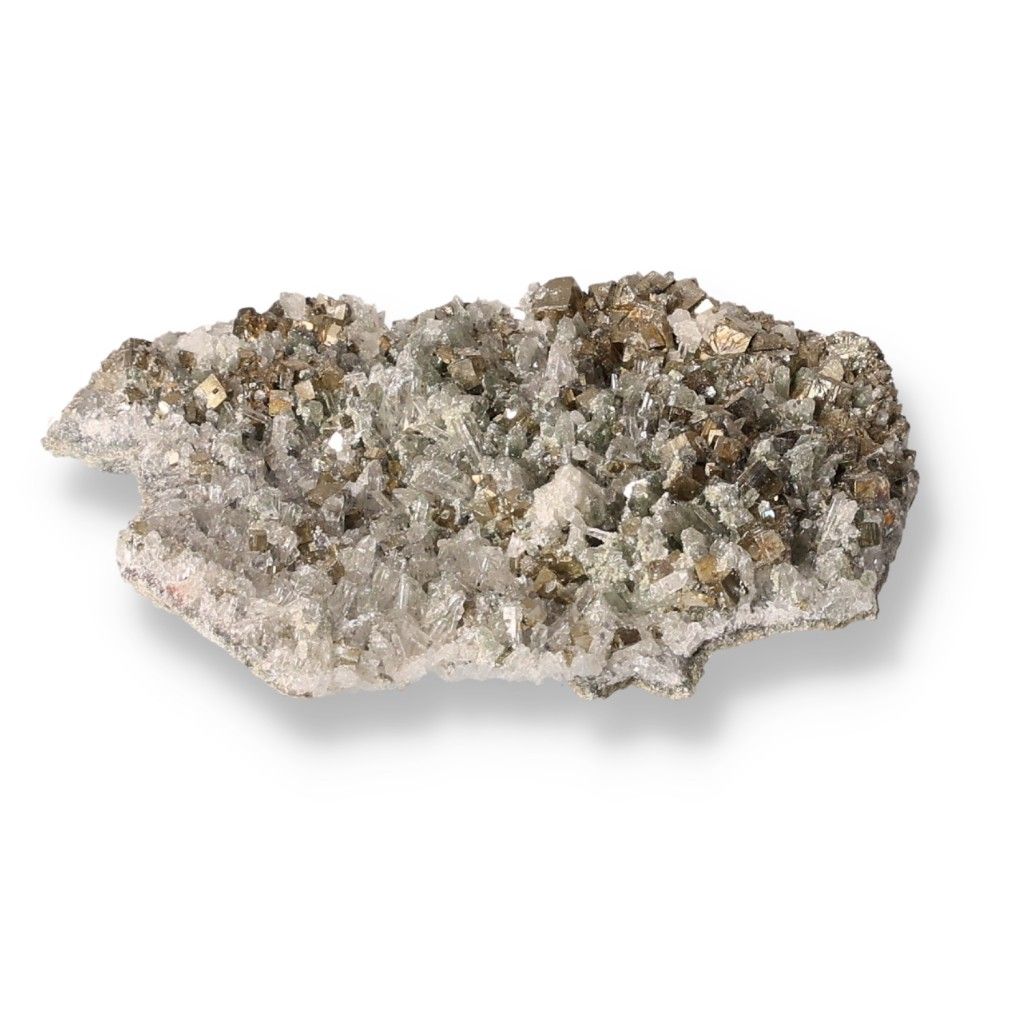 Quartz with pyrite crystals showcasing unique properties associated with chakras and zodiac signs for energetic and spiritual support.