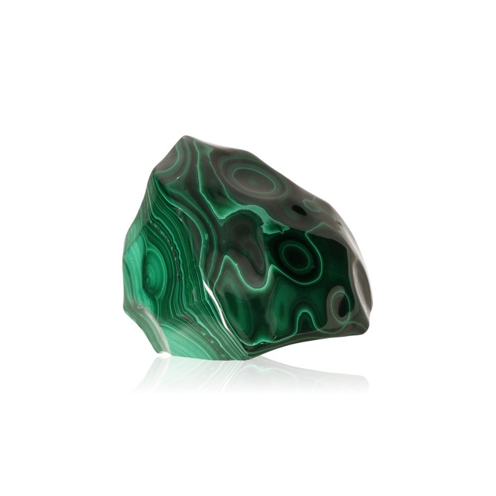 Vibrant green malachite stone with swirling patterns, symbolizing nature's soothing energy and promoting courage and optimism.