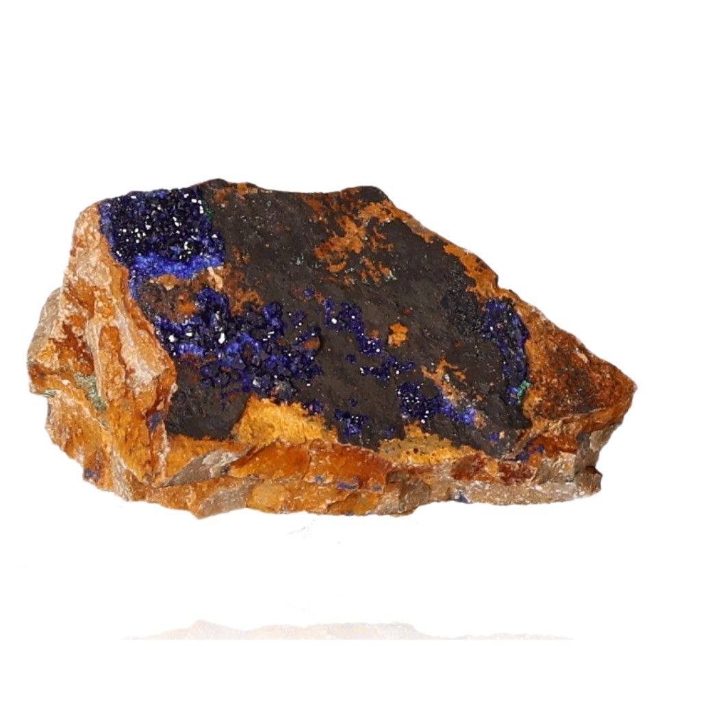 Deep blue azurite mineral specimen with unique copper patterns, ideal for collectors and spiritual growth seekers.