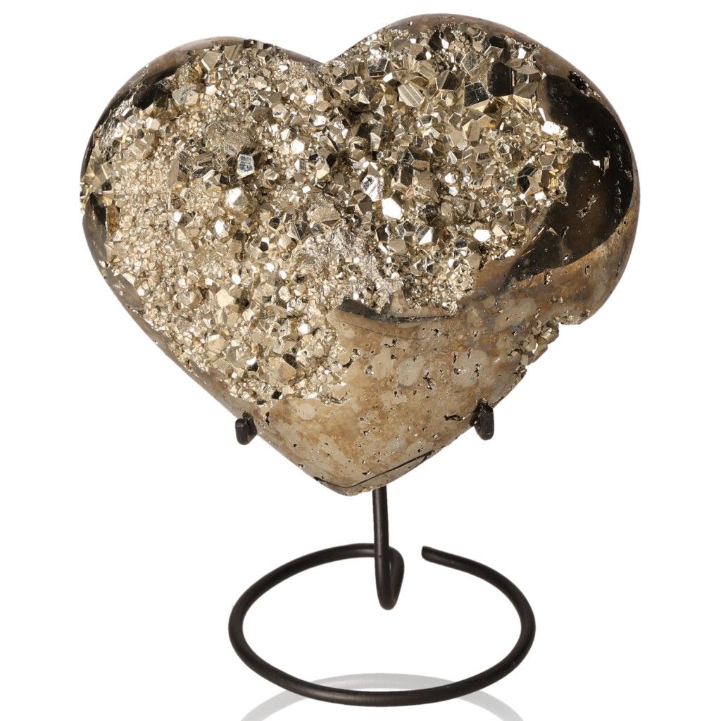 Pyrite heart sculpture on stand, ideal for boosting independence and inspiring new ideas with its glittering golden surface.