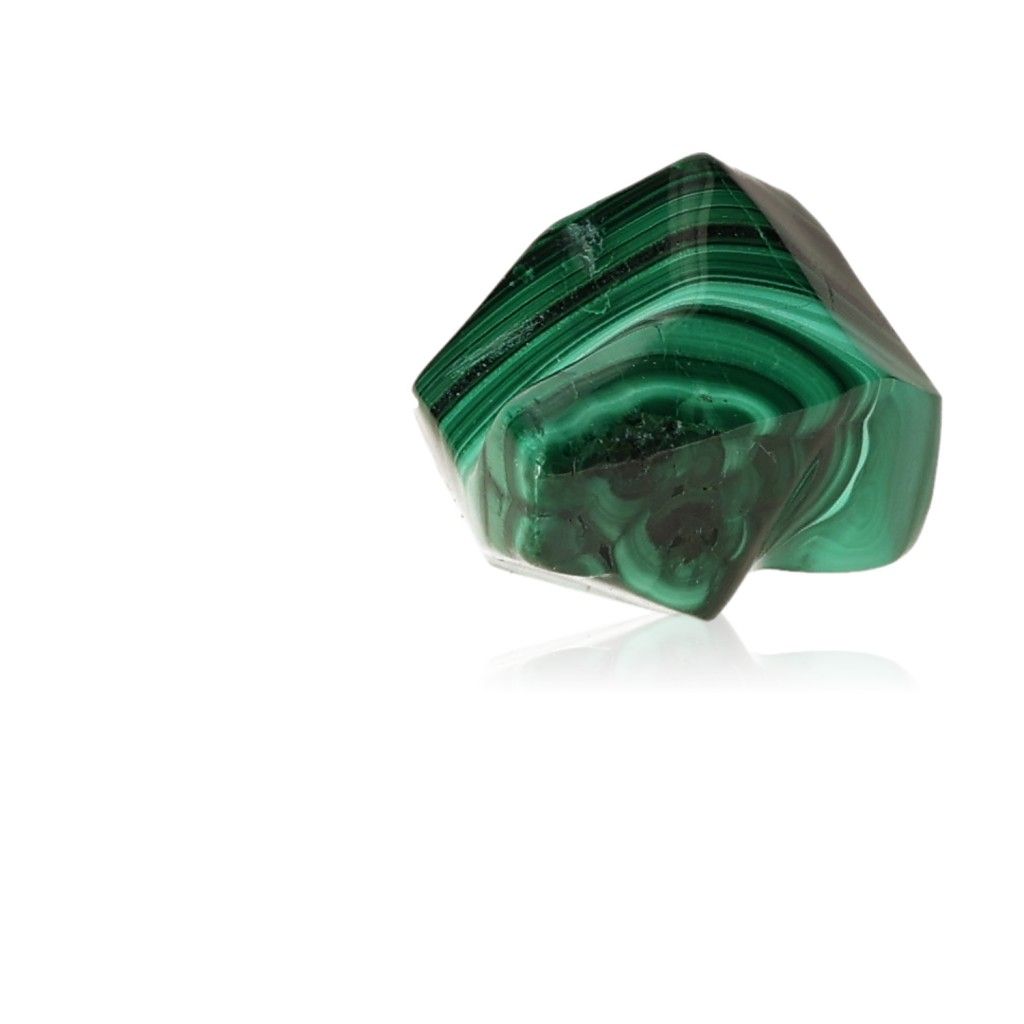 Polished malachite stone, known for its soothing energy and vibrant green patterns, offers courage and optimism.