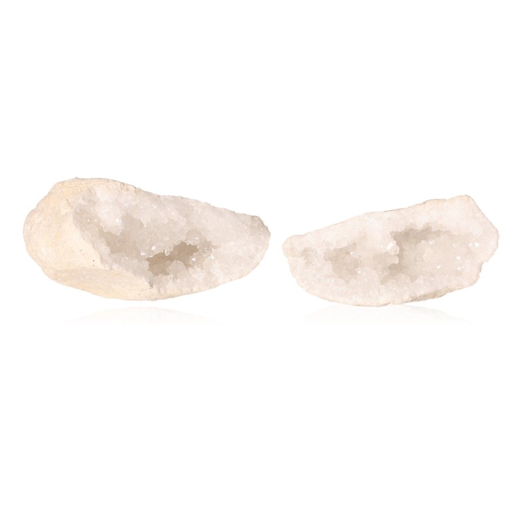 Milky quartz geode with sparkling white crystals for energy balance and focus.