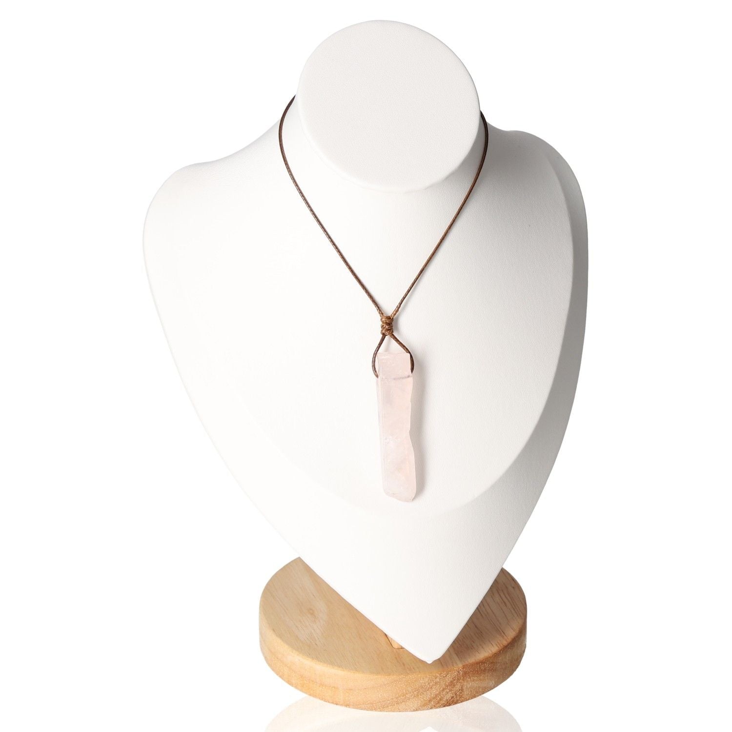 Boho Rose Quartz Necklace on Display Stand for Love and Tranquility